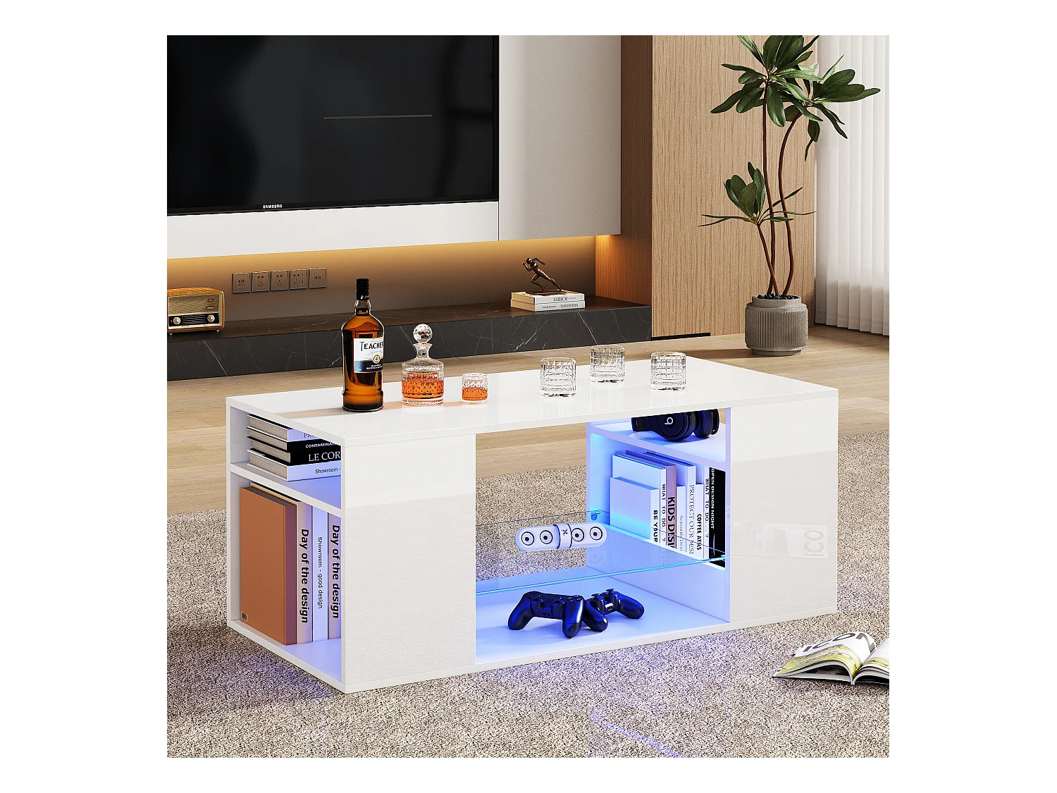 Table basse en verre à haute brillance avec LED : Table de café blanche avec plusieurs étages de rangement, 96 x 45 x 45 cm
