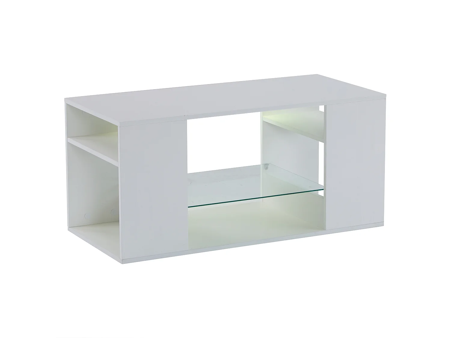 Table basse en verre à haute brillance avec LED : Table de café blanche avec plusieurs étages de rangement, 96 x 45 x 45 cm
