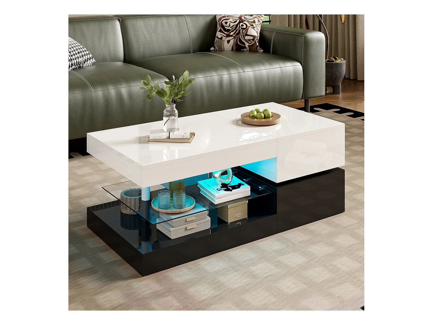 Table basse moderne avec LED, contrôle APP et Bluetooth, étagère en verre et finition brillante noir-blanc, 90x45x35,5 cm
