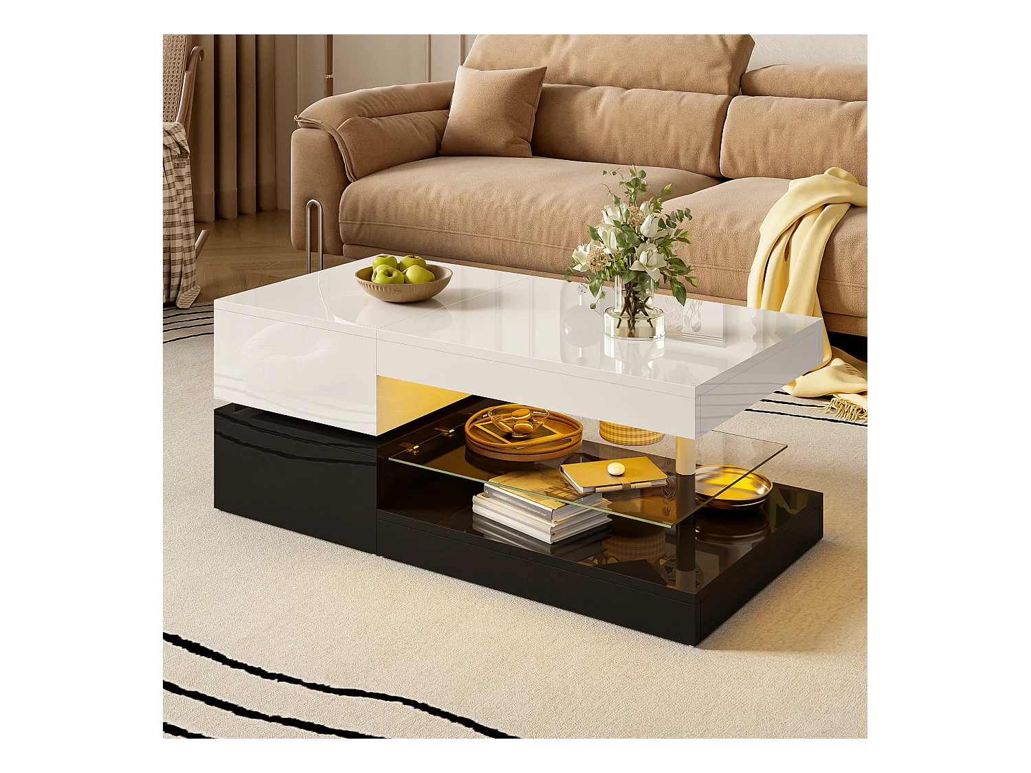 Table basse moderne avec LED, contrôle APP et Bluetooth, étagère en verre et finition brillante noir-blanc, 90x45x35,5 cm