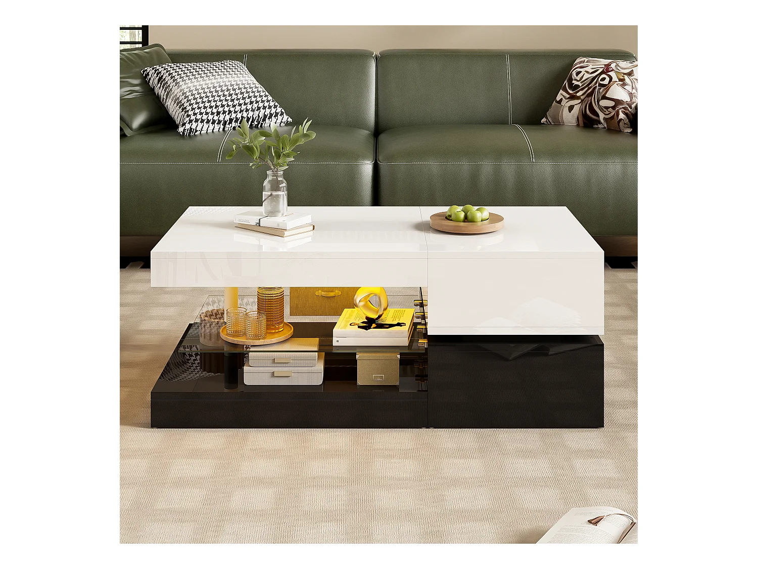 Table basse moderne avec LED, contrôle APP et Bluetooth, étagère en verre et finition brillante noir-blanc, 90x45x35,5 cm