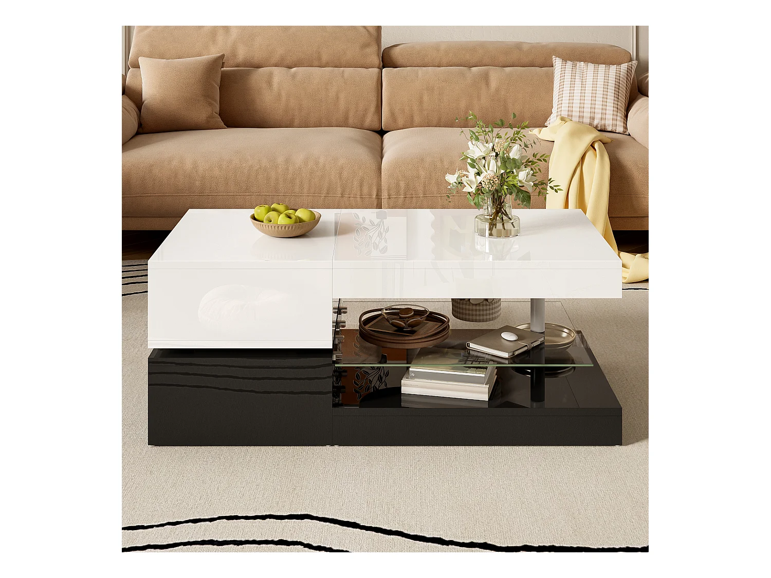 Table basse moderne avec LED, contrôle APP et Bluetooth, étagère en verre et finition brillante noir-blanc, 90x45x35,5 cm