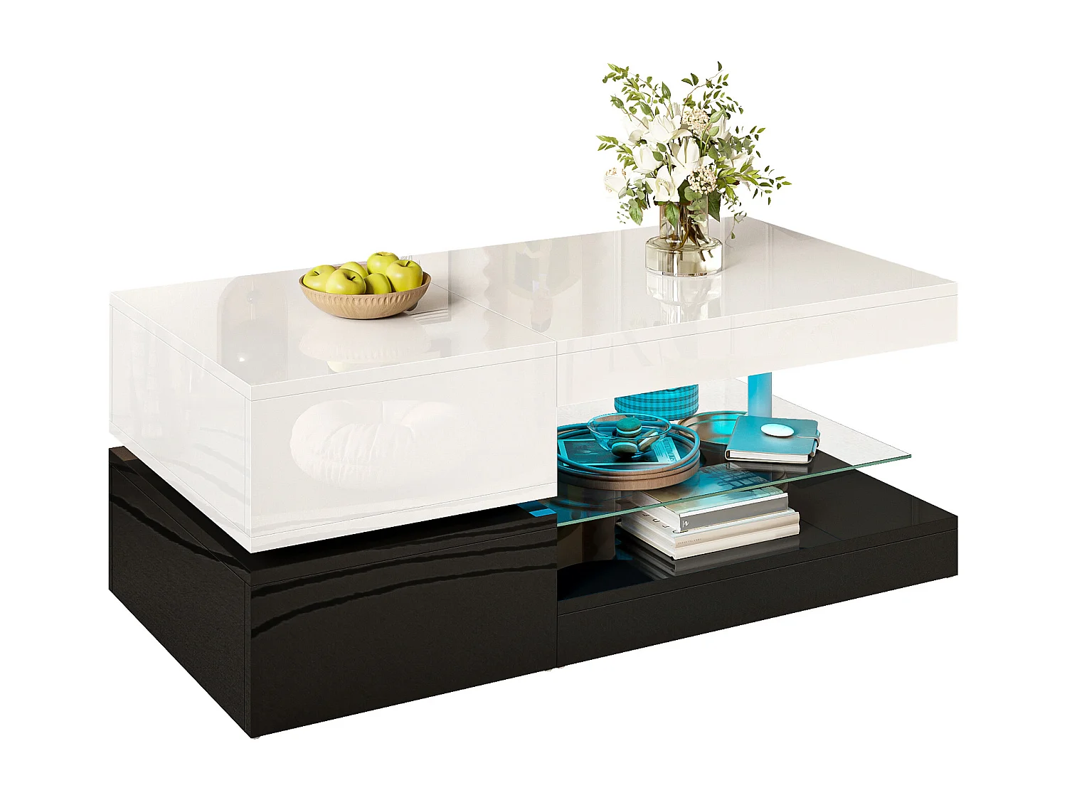 Table basse moderne avec LED, contrôle APP et Bluetooth, étagère en verre et finition brillante noir-blanc, 90x45x35,5 cm