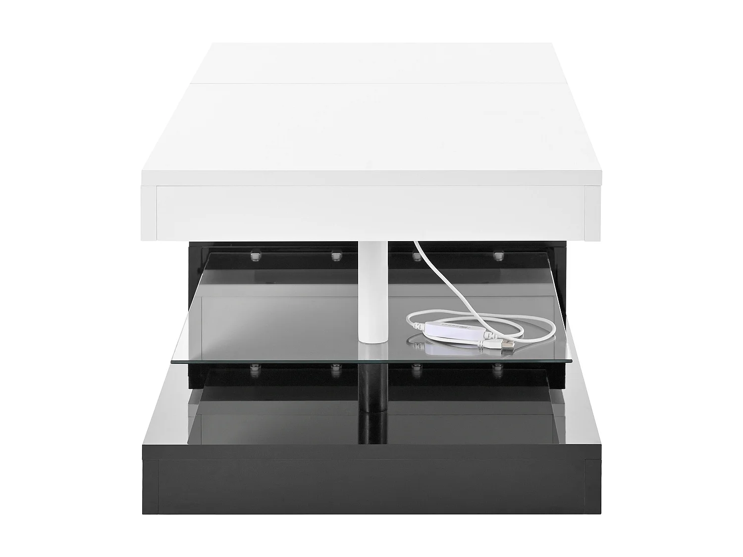 Table basse moderne avec LED, contrôle APP et Bluetooth, étagère en verre et finition brillante noir-blanc, 90x45x35,5 cm