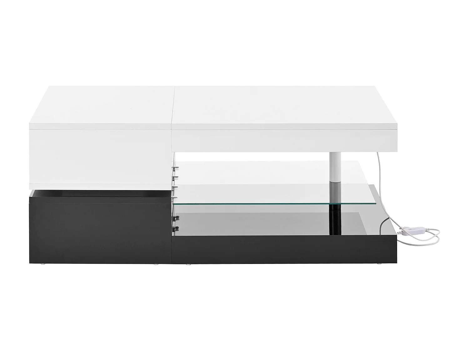 Table basse moderne avec LED, contrôle APP et Bluetooth, étagère en verre et finition brillante noir-blanc, 90x45x35,5 cm