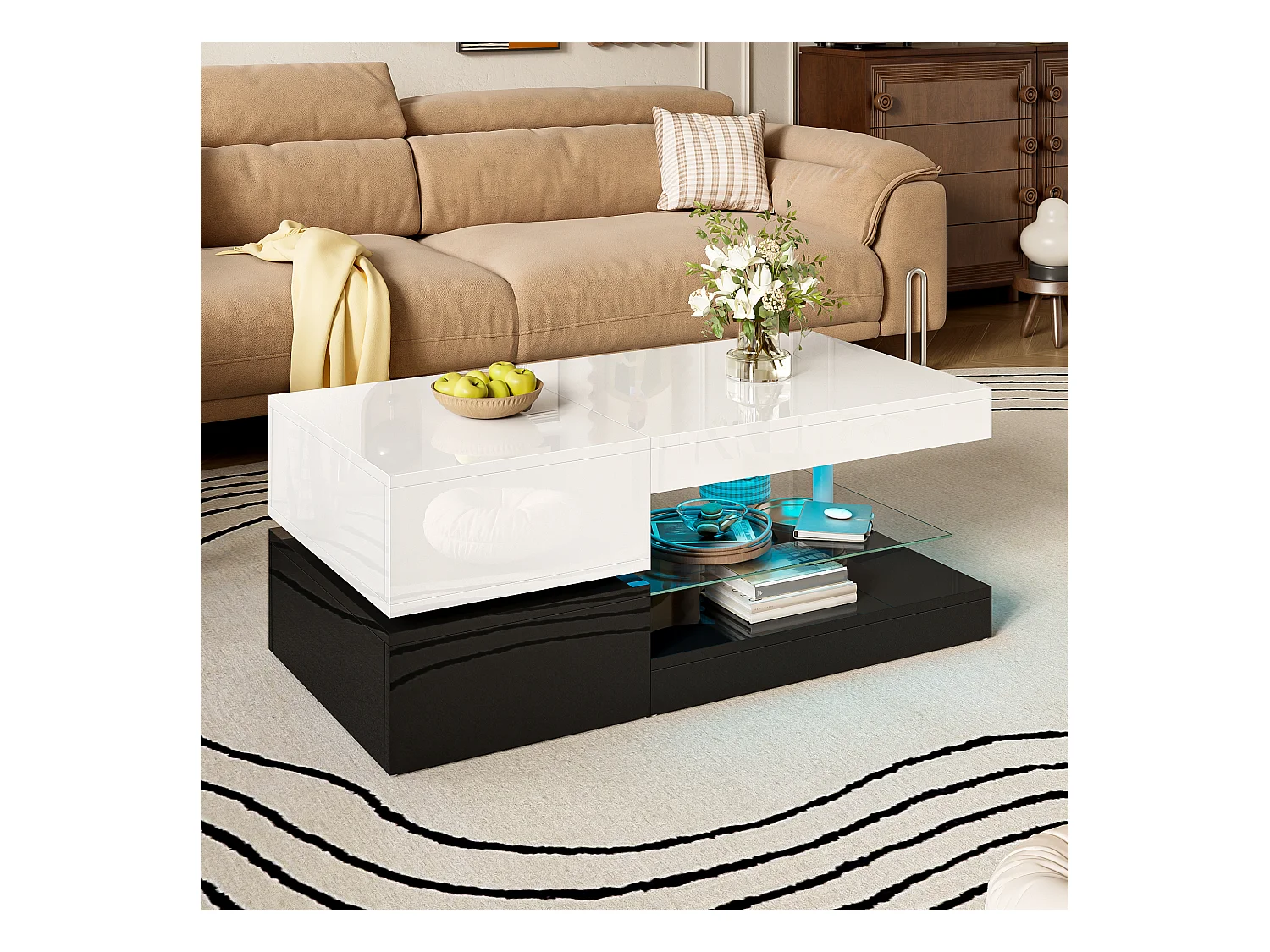Table basse moderne avec LED, contrôle APP et Bluetooth, étagère en verre et finition brillante noir-blanc, 90x45x35,5 cm