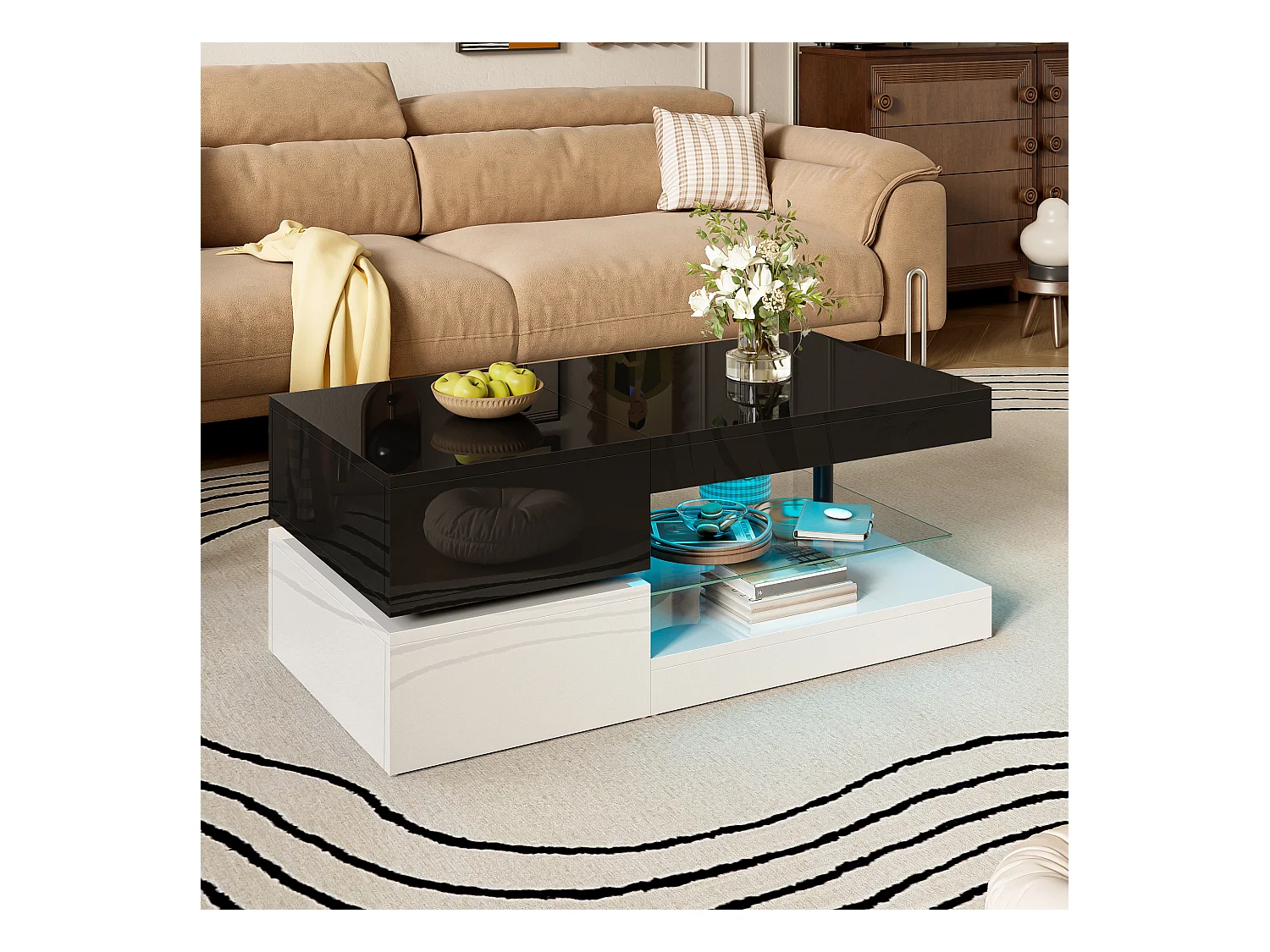 Table basse moderne LED avec APP & Bluetooth, plateau en verre, surface brillante, design noir/blanc élégant, idéale pour salon, dimensions 90×45×35,5 cm