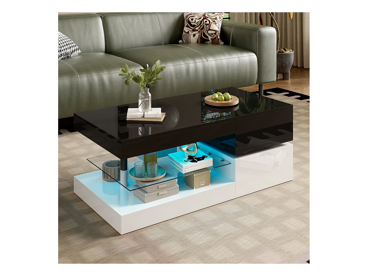 Table basse moderne LED avec APP & Bluetooth, plateau en verre, surface brillante, design noir/blanc élégant, idéale pour salon, dimensions 90×45×35,5 cm