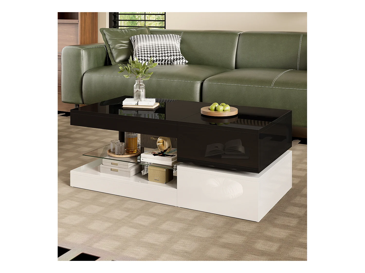 Table basse moderne LED avec APP & Bluetooth, plateau en verre, surface brillante, design noir/blanc élégant, idéale pour salon, dimensions 90×45×35,5 cm