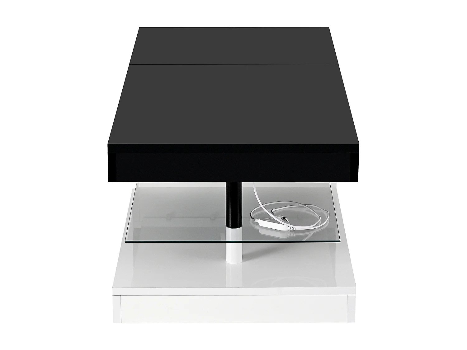 Table basse moderne LED avec APP & Bluetooth, plateau en verre, surface brillante, design noir/blanc élégant, idéale pour salon, dimensions 90×45×35,5 cm