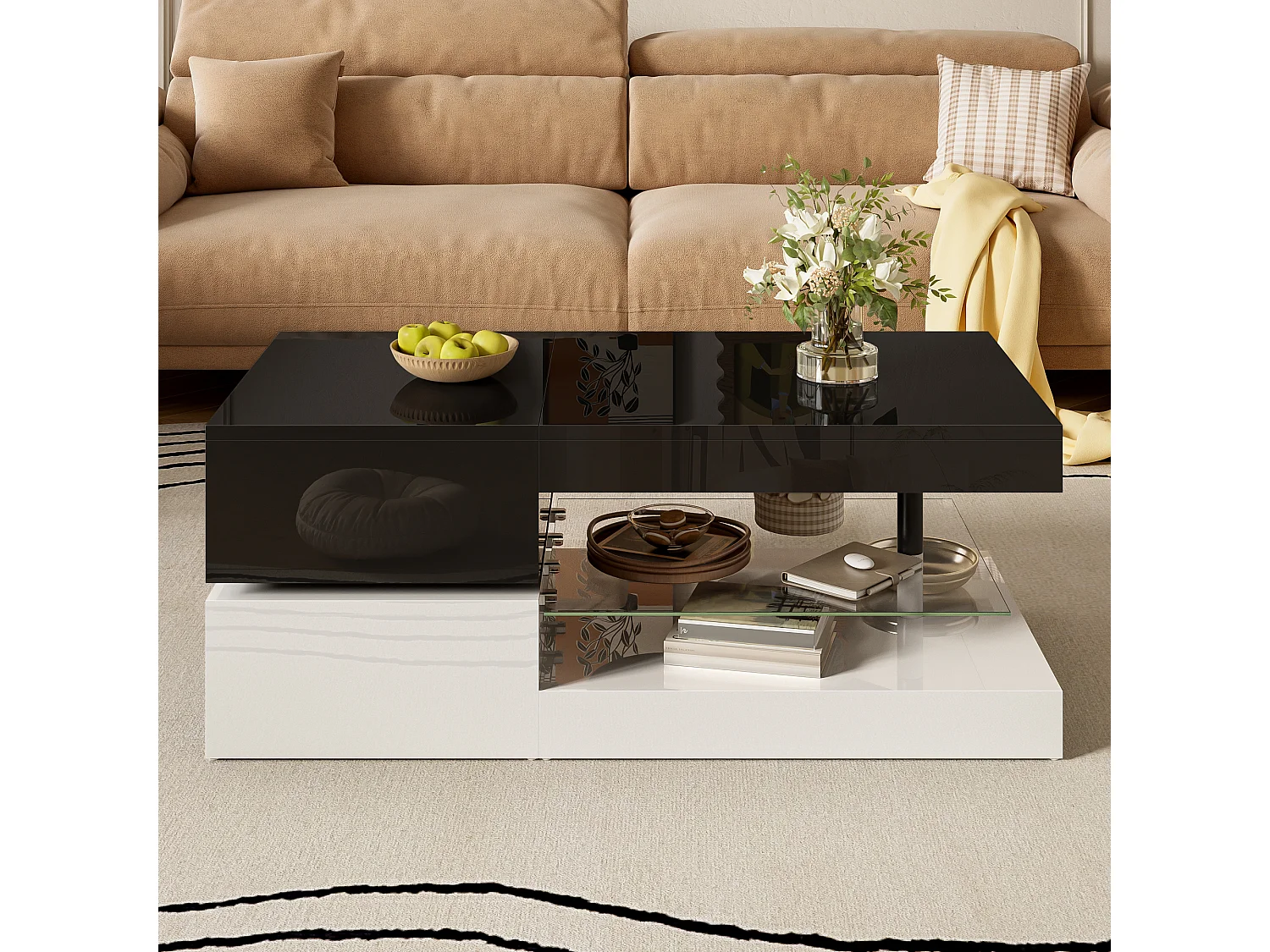 Table basse moderne LED avec APP & Bluetooth, plateau en verre, surface brillante, design noir/blanc élégant, idéale pour salon, dimensions 90×45×35,5 cm