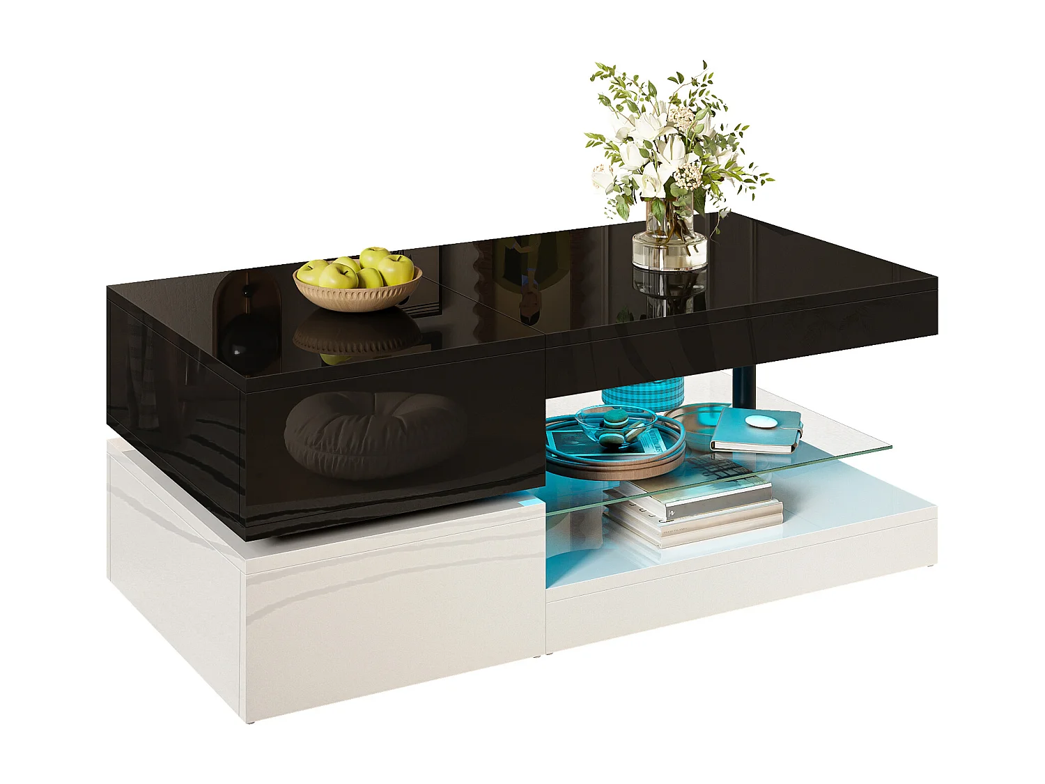 Table basse moderne LED avec APP & Bluetooth, plateau en verre, surface brillante, design noir/blanc élégant, idéale pour salon, dimensions 90×45×35,5 cm