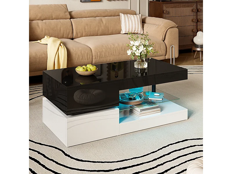 Table basse moderne LED avec APP & Bluetooth, plateau en verre, surface brillante, design noir/blanc élégant, idéale pour salon, dimensions 90×45×35,5 cm