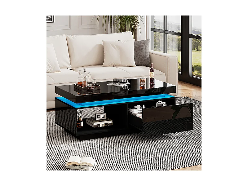 Table Basse Moderne en Haut Brillant avec Éclairage LED et Tiroir