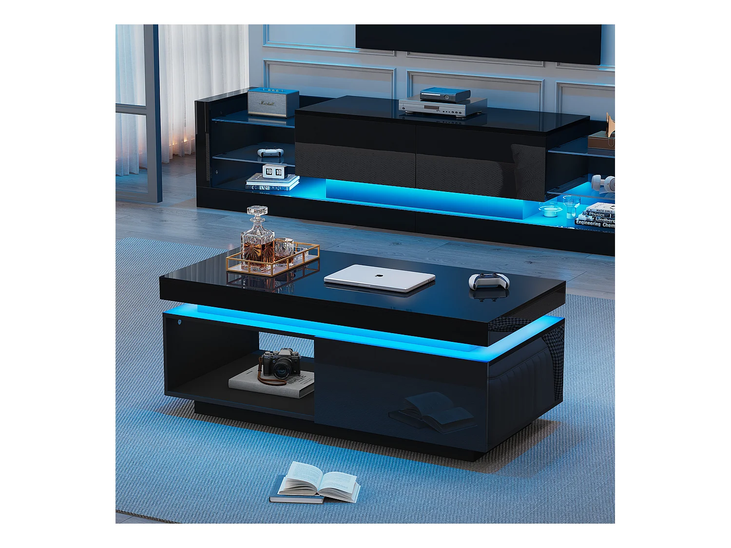 Table Basse Moderne en Haut Brillant avec Éclairage LED et Tiroir