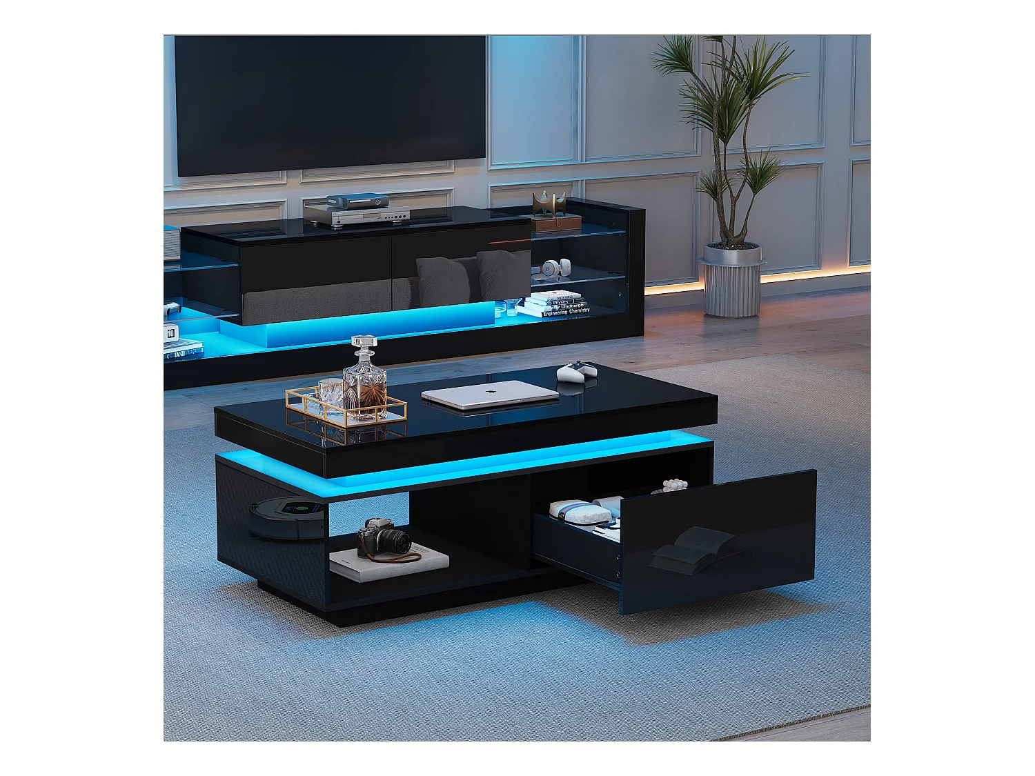 Table Basse Moderne en Haut Brillant avec Éclairage LED et Tiroir