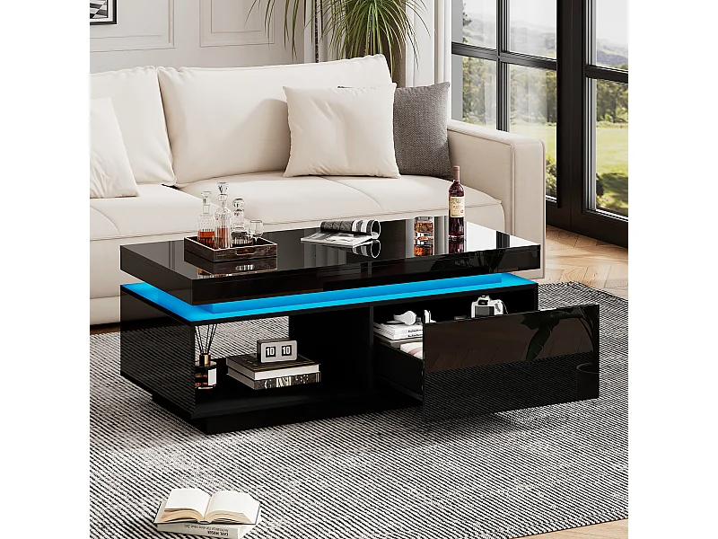 Table Basse Moderne en Haut Brillant avec Éclairage LED et Tiroir