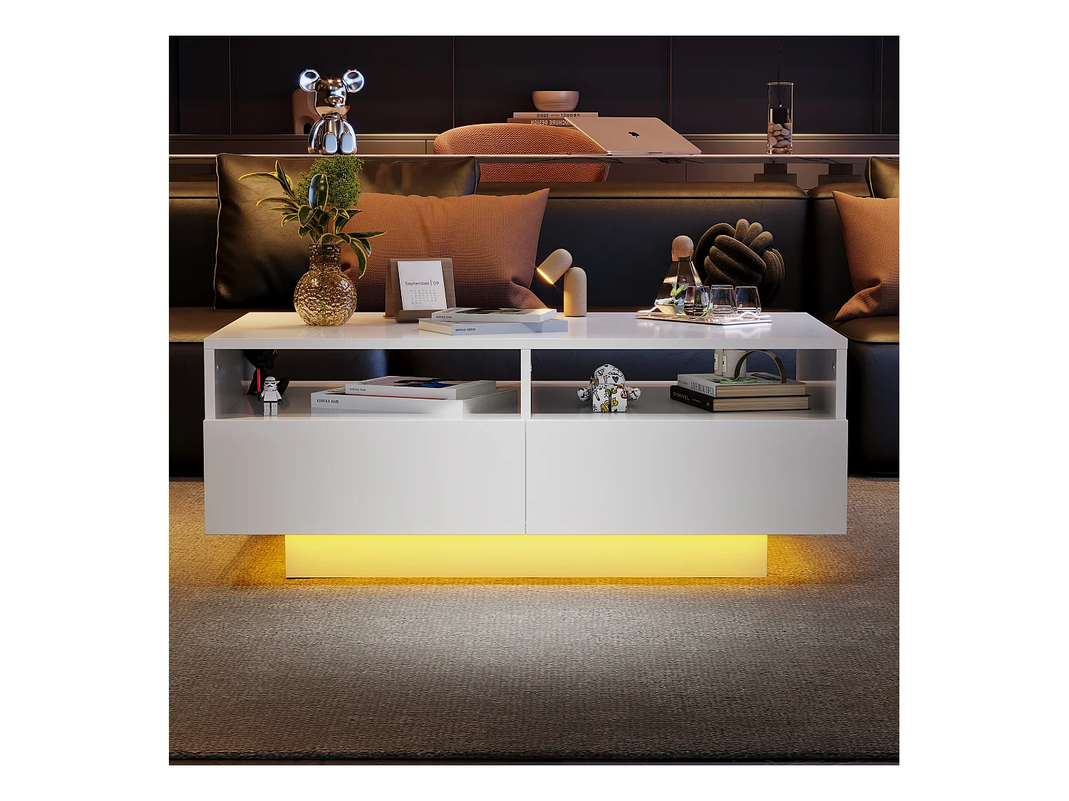 Table basse blanche haute brillance avec LED 16 couleurs et 4 tiroirs, table centrale moderne avec USB, idéale pour salon ou chambre.