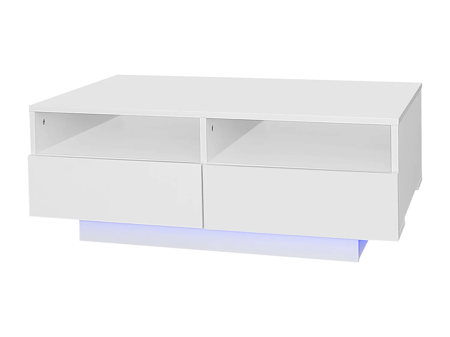 Table basse blanche haute brillance avec LED 16 couleurs et 4 tiroirs, table centrale moderne avec USB, idéale pour salon ou chambre.