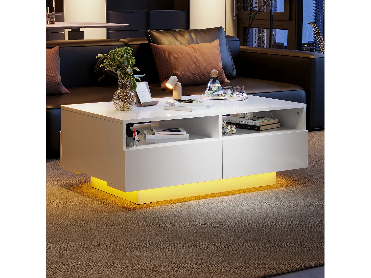 Table basse blanche haute brillance avec LED 16 couleurs et 4 tiroirs, table centrale moderne avec USB, idéale pour salon ou chambre.