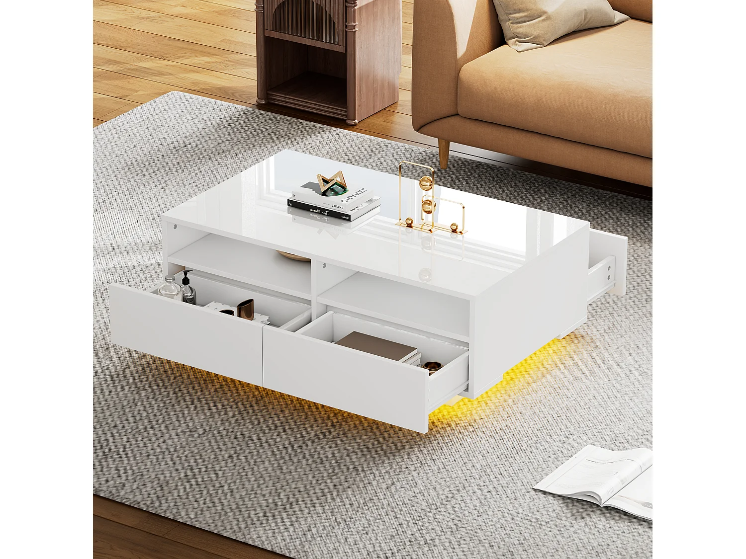Table basse blanche haute brillance avec LED 16 couleurs et 4 tiroirs, table centrale moderne avec USB, idéale pour salon ou chambre.