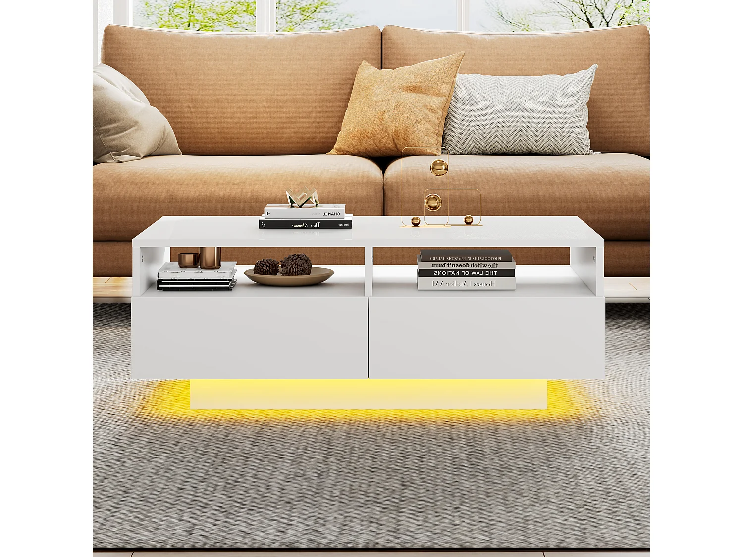 Table basse blanche haute brillance avec LED 16 couleurs et 4 tiroirs, table centrale moderne avec USB, idéale pour salon ou chambre.