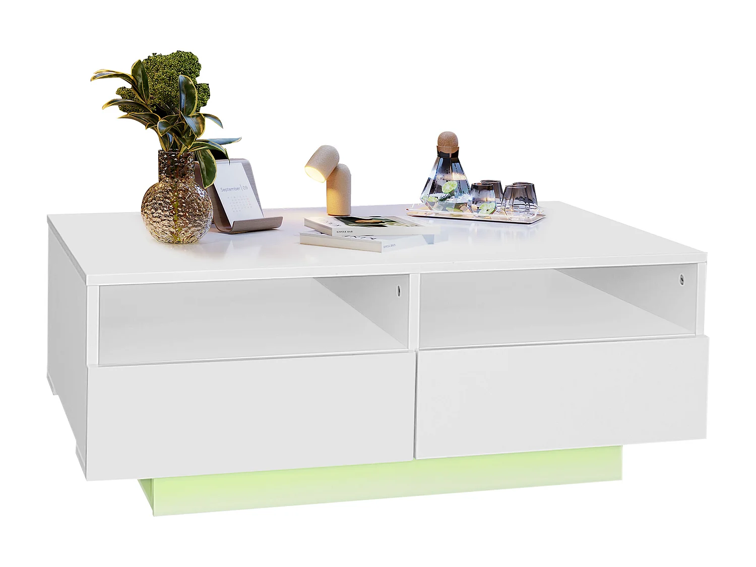 Table basse blanche haute brillance avec LED 16 couleurs et 4 tiroirs, table centrale moderne avec USB, idéale pour salon ou chambre.