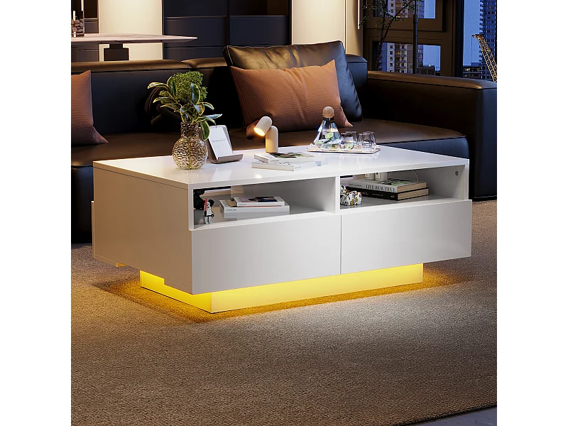 Table basse blanche haute brillance avec LED 16 couleurs et 4 tiroirs, table centrale moderne avec USB, idéale pour salon ou chambre.