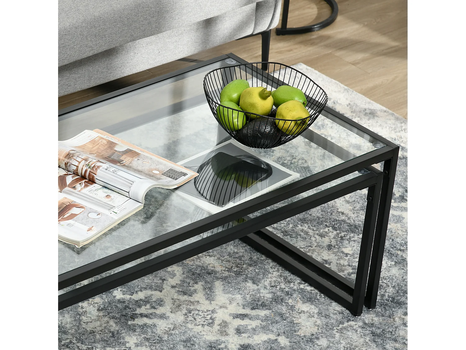Ensemble de 2 Tables Basses – Tables d'appoint en verre avec cadre en acier pour salon et chambre