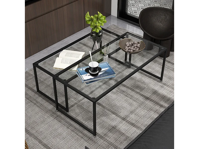 Ensemble de 2 Tables Basses – Tables d'appoint en verre avec cadre en acier pour salon et chambre