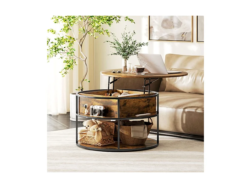 Table Basse Ronde Réglable en Hauteur Ø80 cm - Table de Salon avec Surface de Rangement et Espace de Rangement Caché, Table d'Appoint pour Salon, Marron