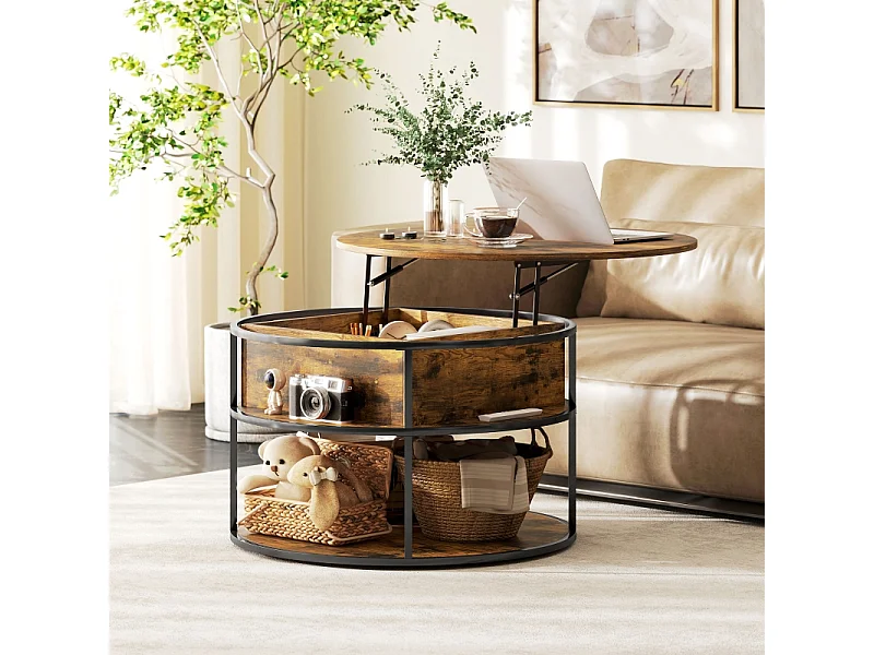 Table Basse Ronde Réglable en Hauteur Ø80 cm - Table de Salon avec Surface de Rangement et Espace de Rangement Caché, Table d'Appoint pour Salon, Marron