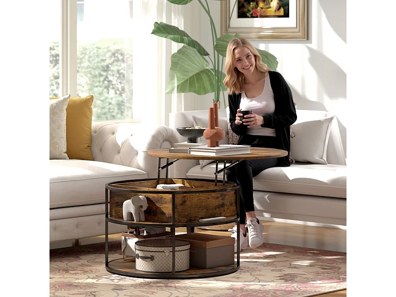 Table Basse Ronde Réglable en Hauteur Ø80 cm - Table de Salon avec Surface de Rangement et Espace de Rangement Caché, Table d'Appoint pour Salon, Marron