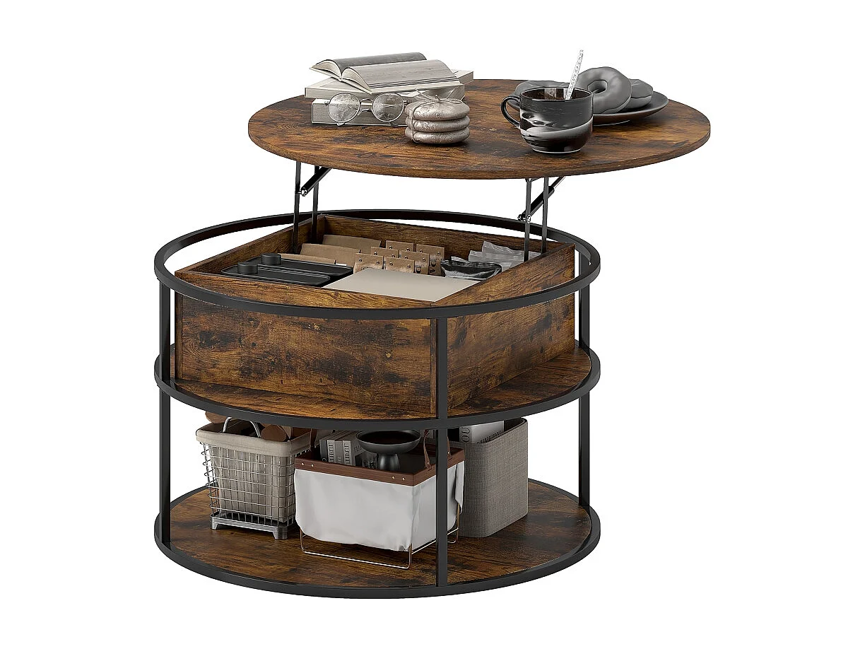Table Basse Ronde Réglable en Hauteur Ø80 cm - Table de Salon avec Surface de Rangement et Espace de Rangement Caché, Table d'Appoint pour Salon, Marron