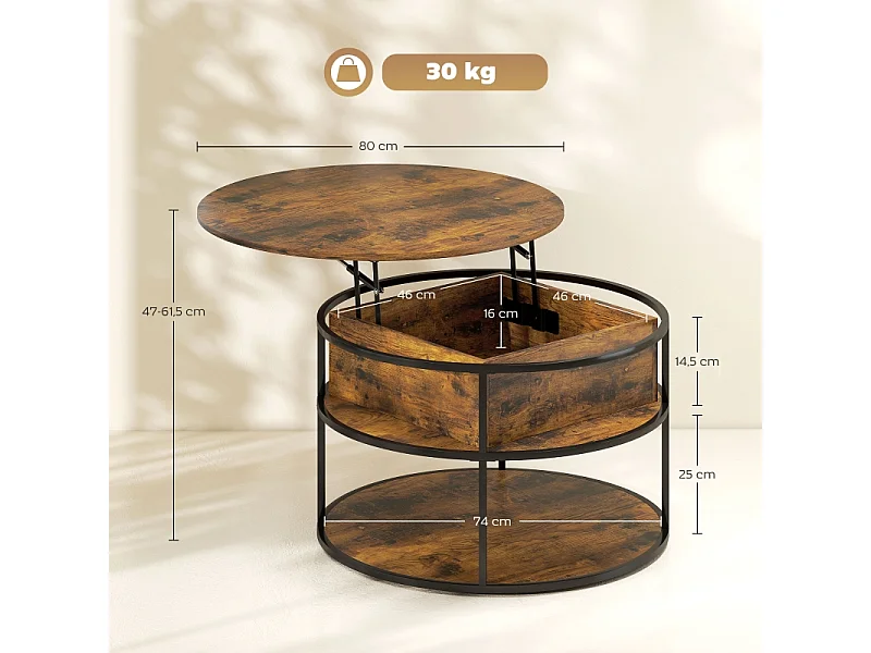 Table Basse Ronde Réglable en Hauteur Ø80 cm - Table de Salon avec Surface de Rangement et Espace de Rangement Caché, Table d'Appoint pour Salon, Marron