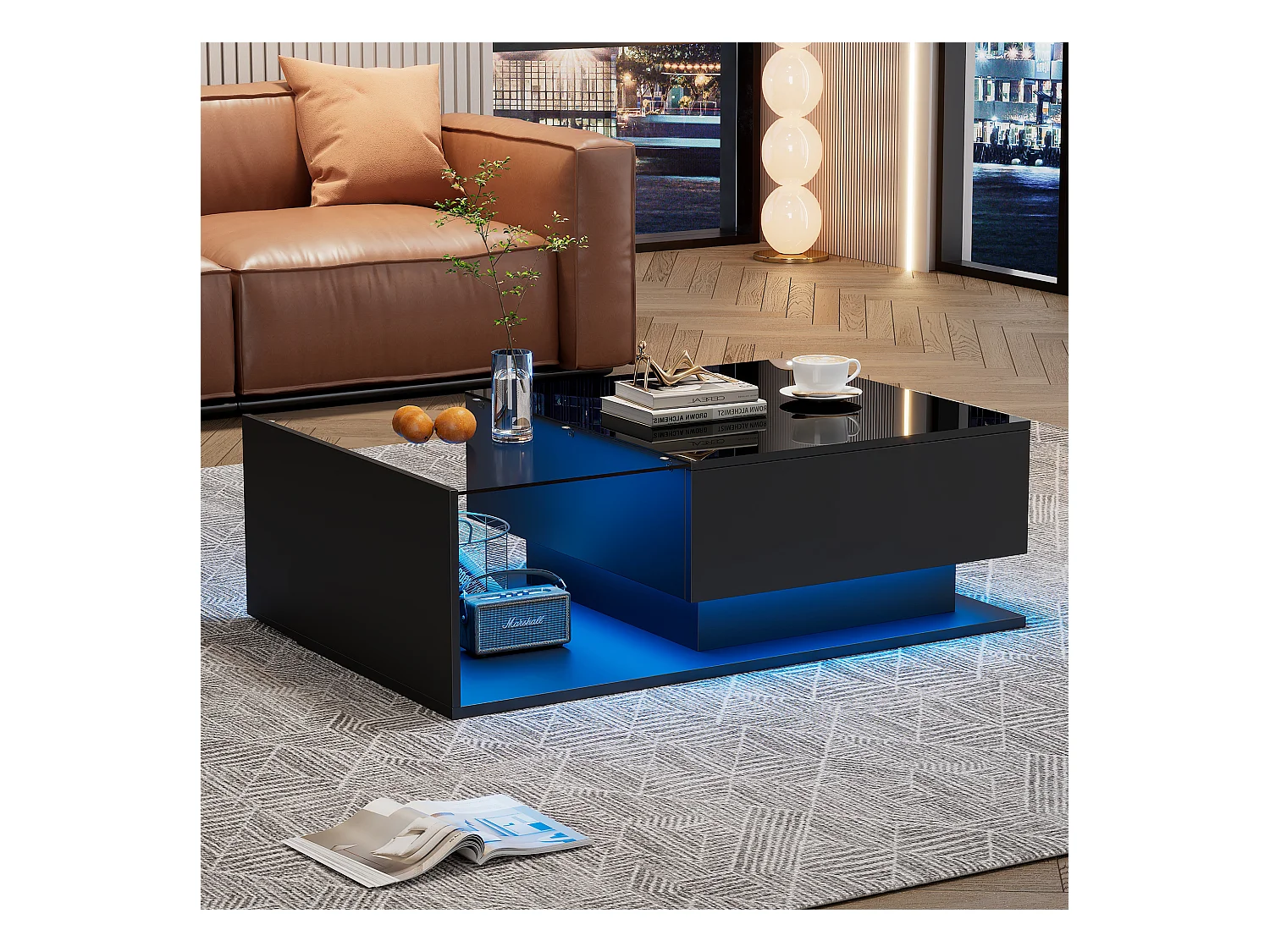 Table basse Noir laquée avec plateau en verre et éclairage LED, design moderne