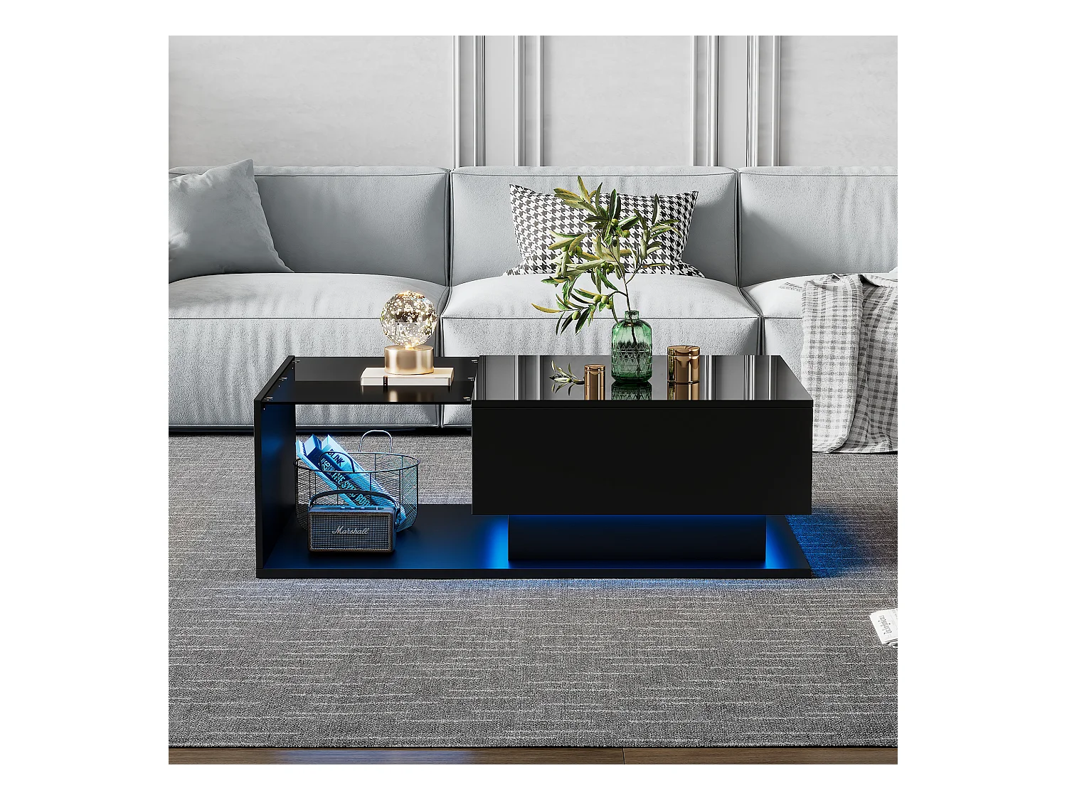 Table basse Noir laquée avec plateau en verre et éclairage LED, design moderne