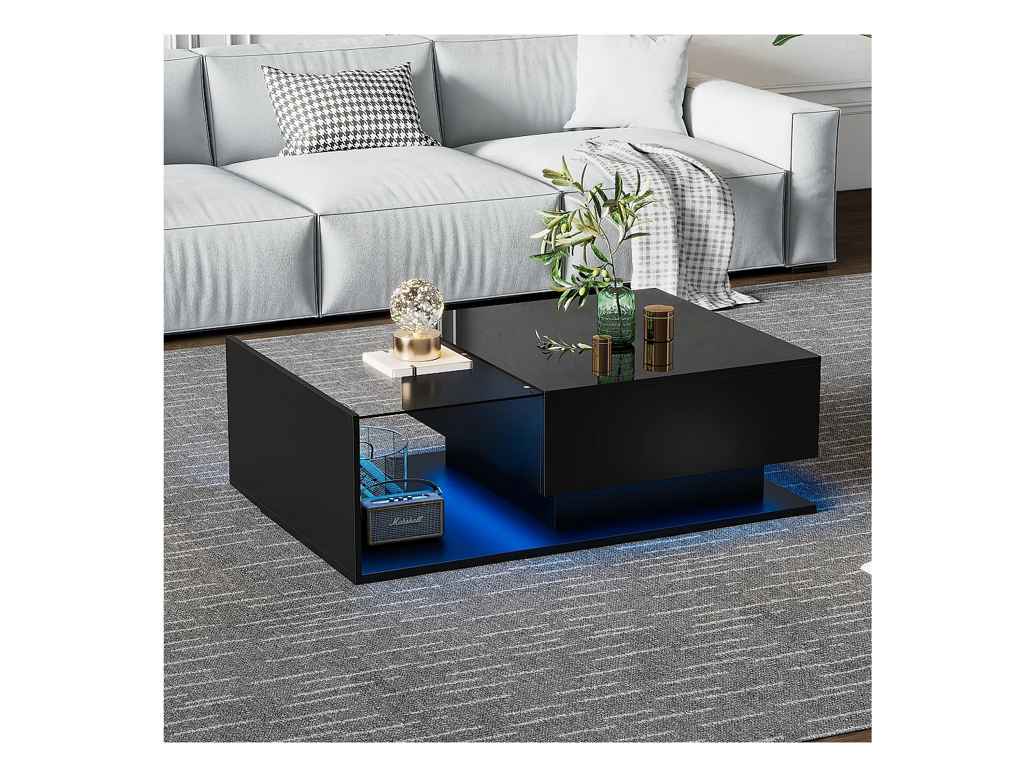 Table basse Noir laquée avec plateau en verre et éclairage LED, design moderne