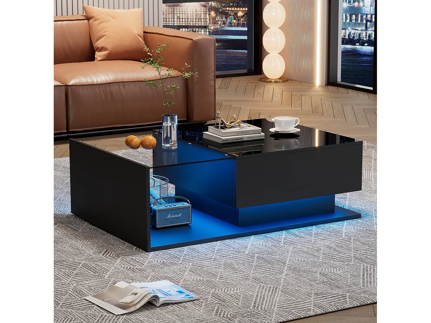 Table basse Noir laquée avec plateau en verre et éclairage LED, design moderne