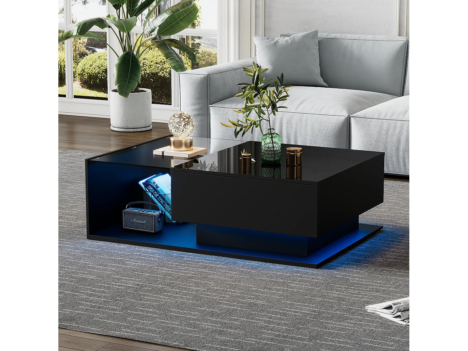 Table basse Noir laquée avec plateau en verre et éclairage LED, design moderne