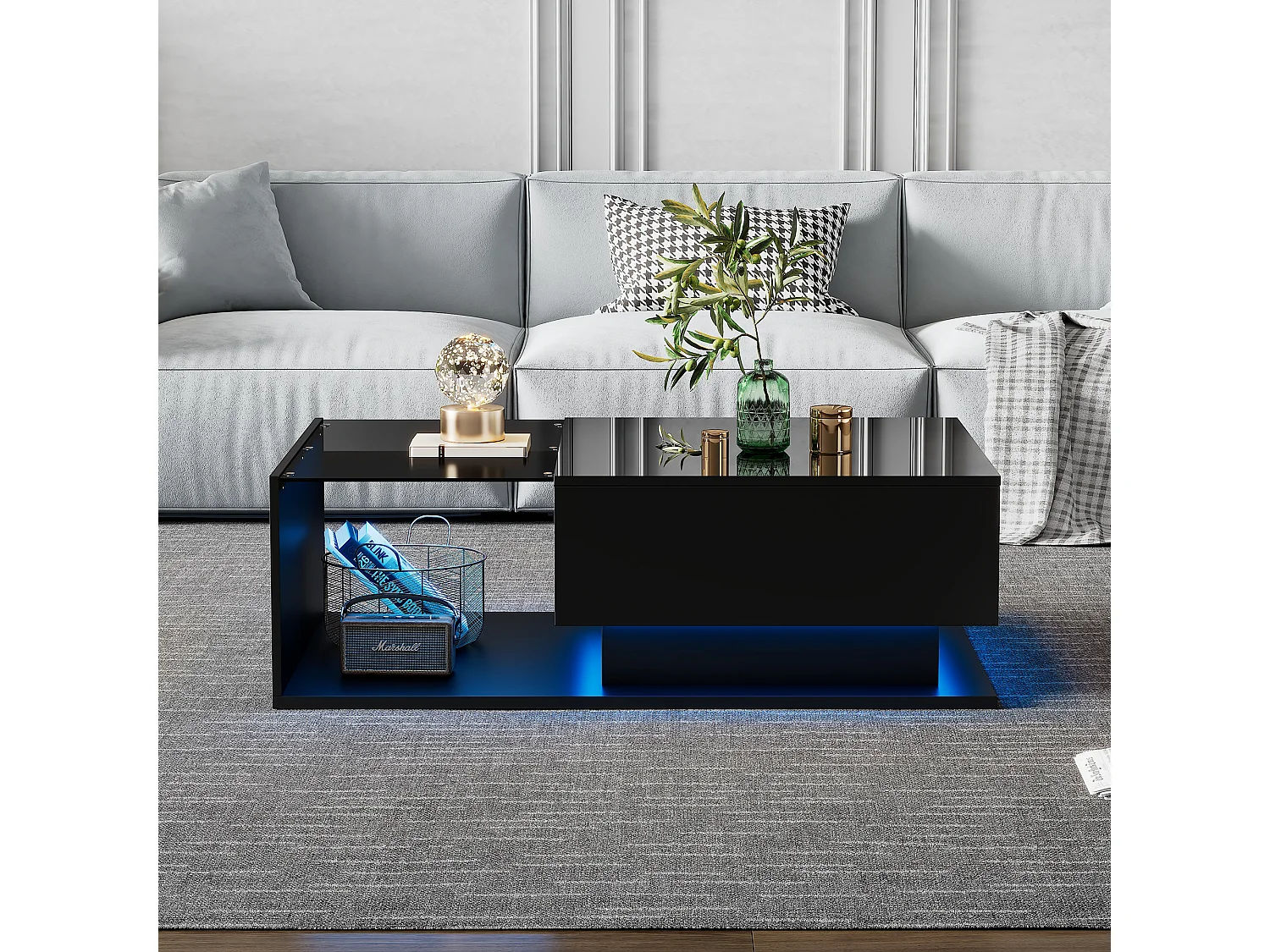 Table basse Noir laquée avec plateau en verre et éclairage LED, design moderne