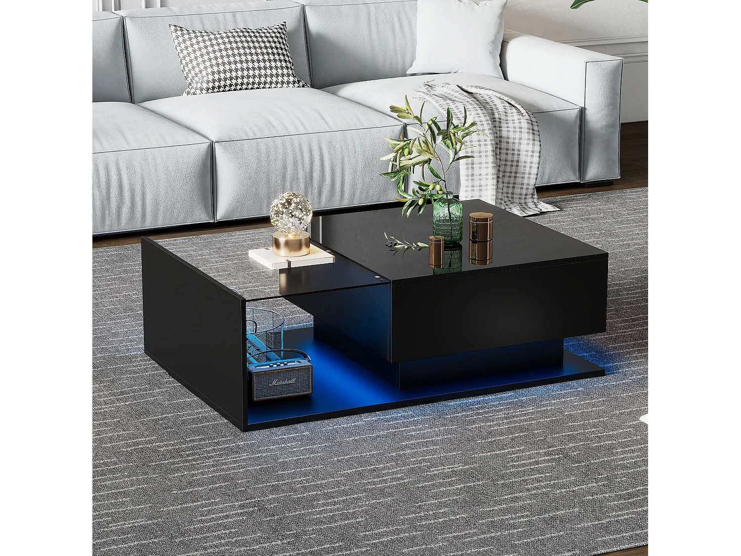 Table basse Noir laquée avec plateau en verre et éclairage LED, design moderne