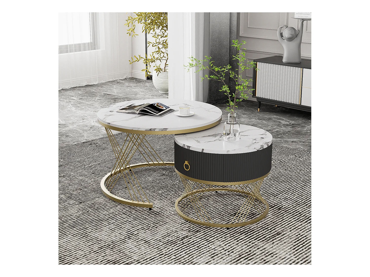 Table basse élégante 2 pièces, effet marbre, décor doré, avec tiroirs