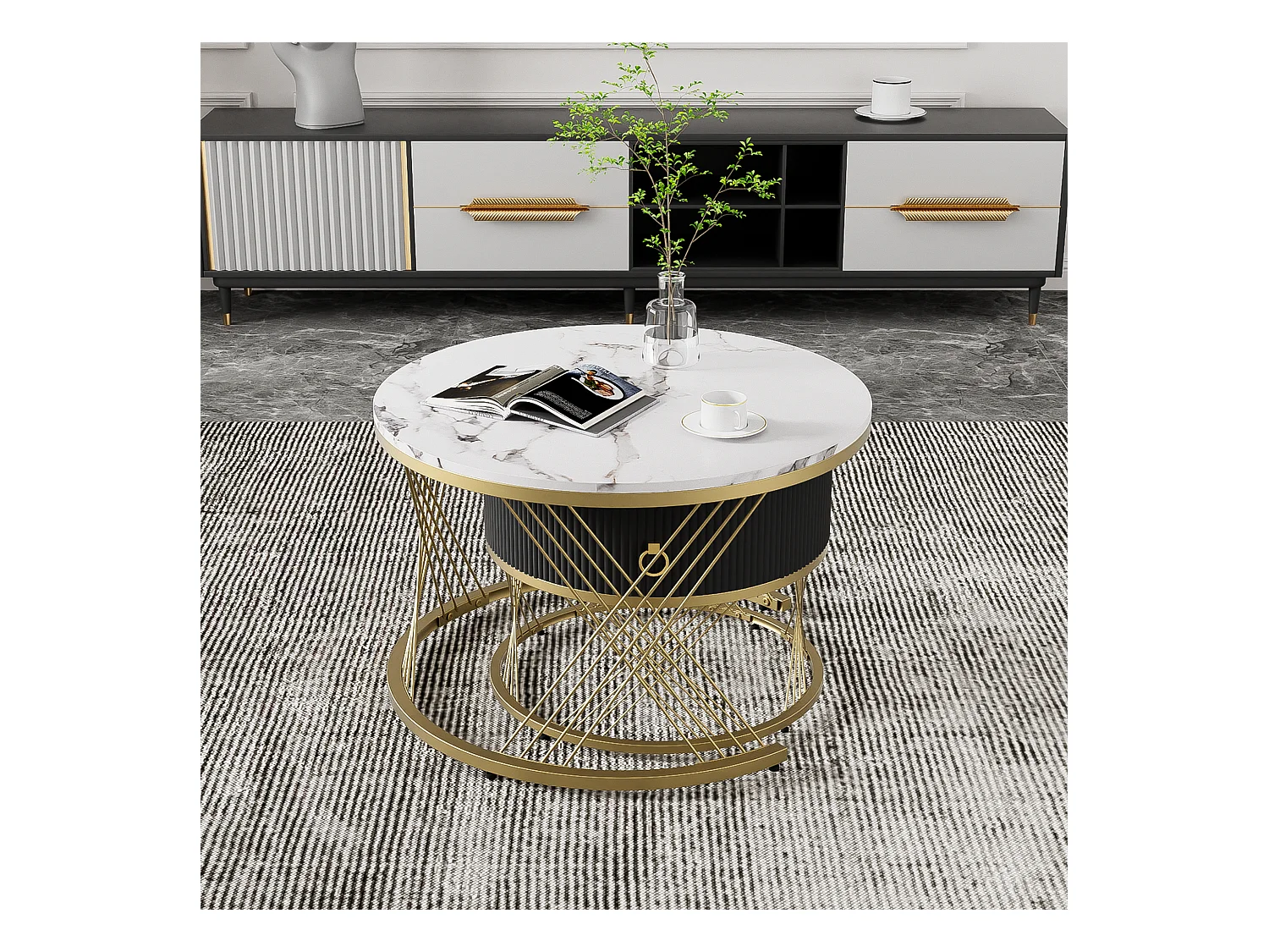 Table basse élégante 2 pièces, effet marbre, décor doré, avec tiroirs