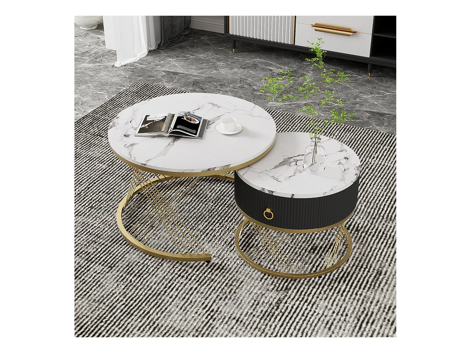 Table basse élégante 2 pièces, effet marbre, décor doré, avec tiroirs