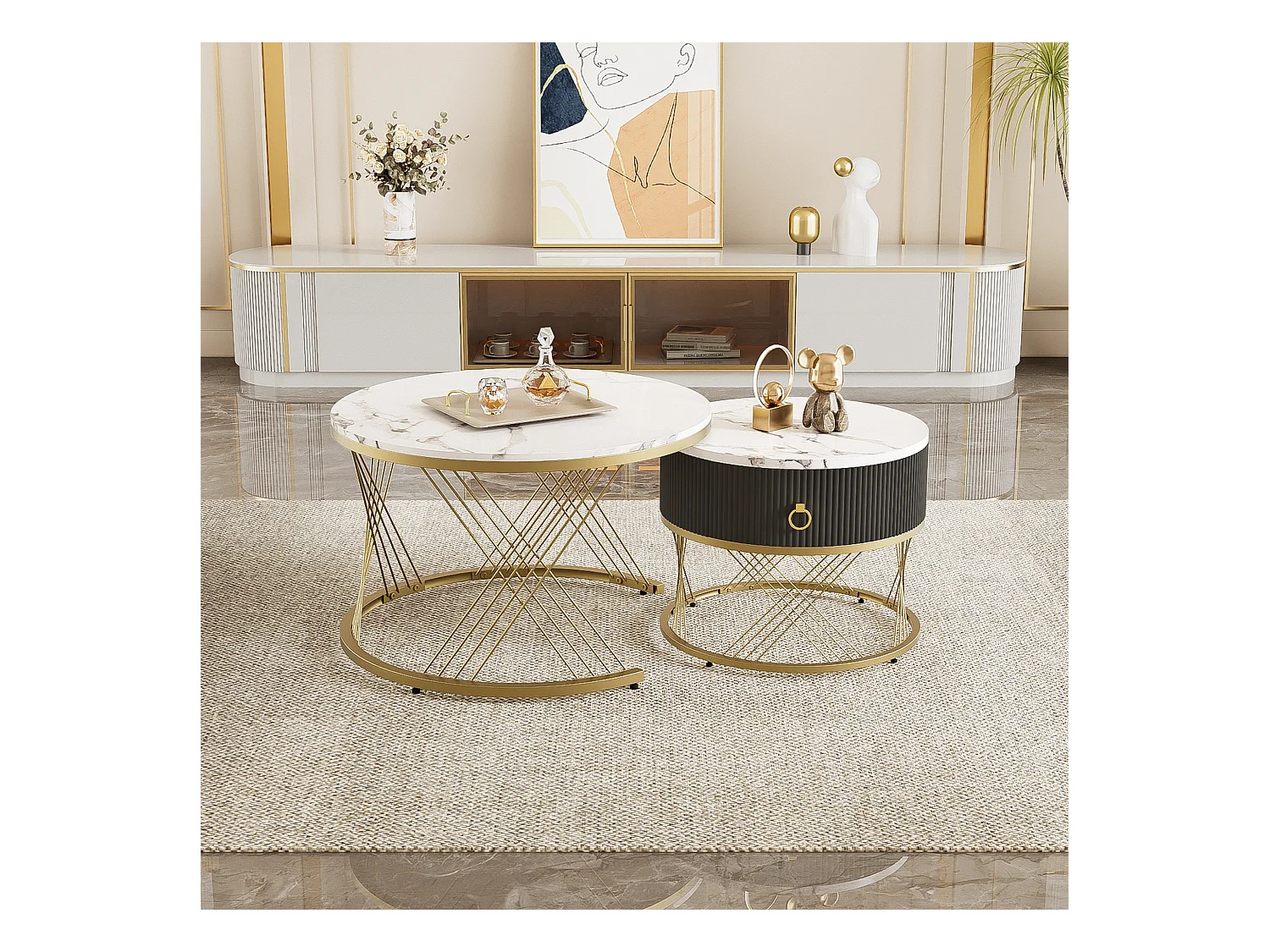 Table basse élégante 2 pièces, effet marbre, décor doré, avec tiroirs