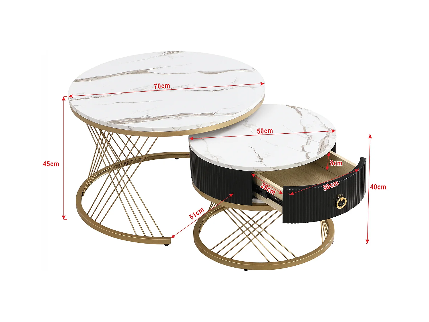 Table basse élégante 2 pièces, effet marbre, décor doré, avec tiroirs