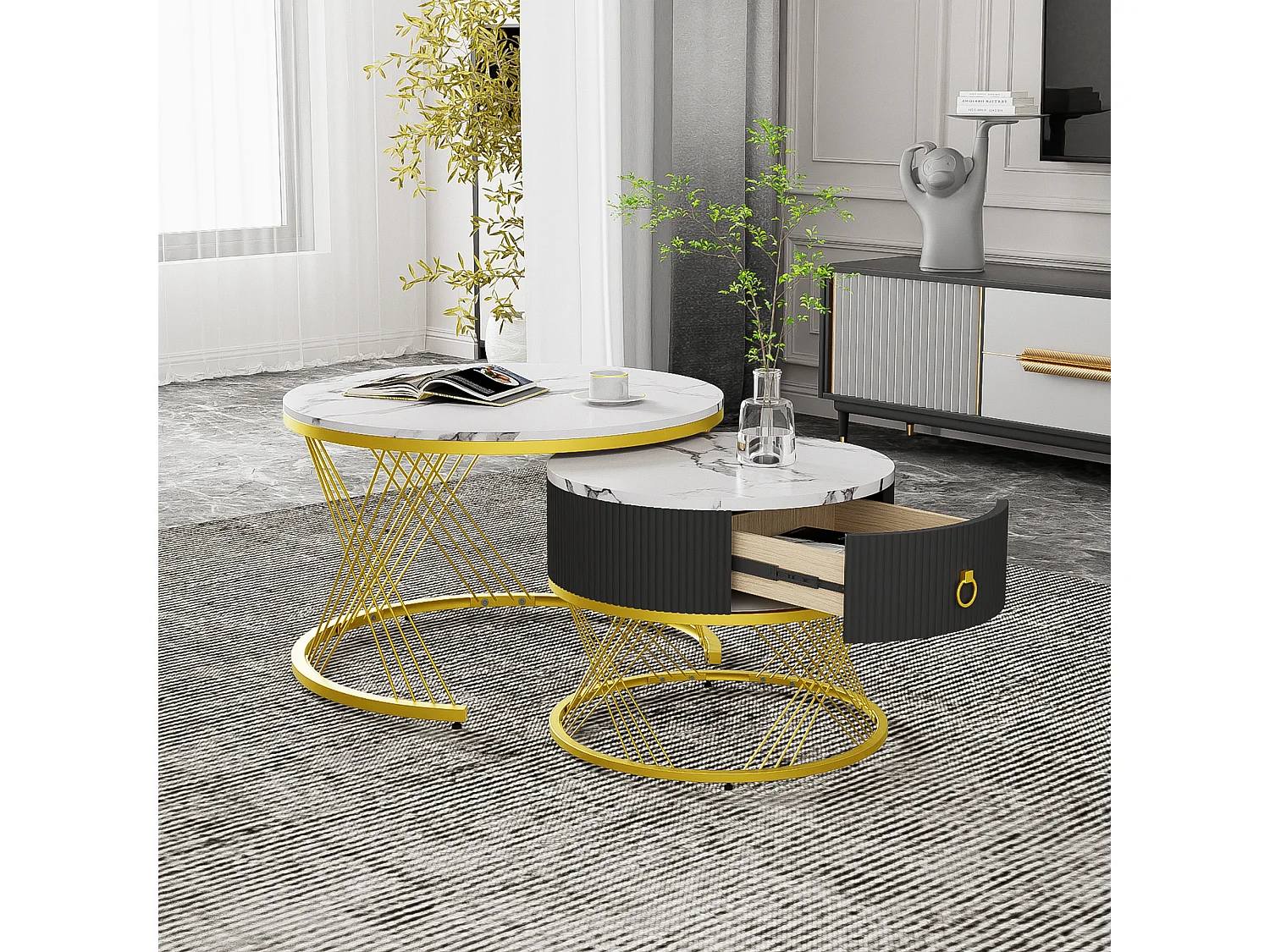 Stapeltafel 2-delig, marmerlook hoogglans, blad van glas, met lades