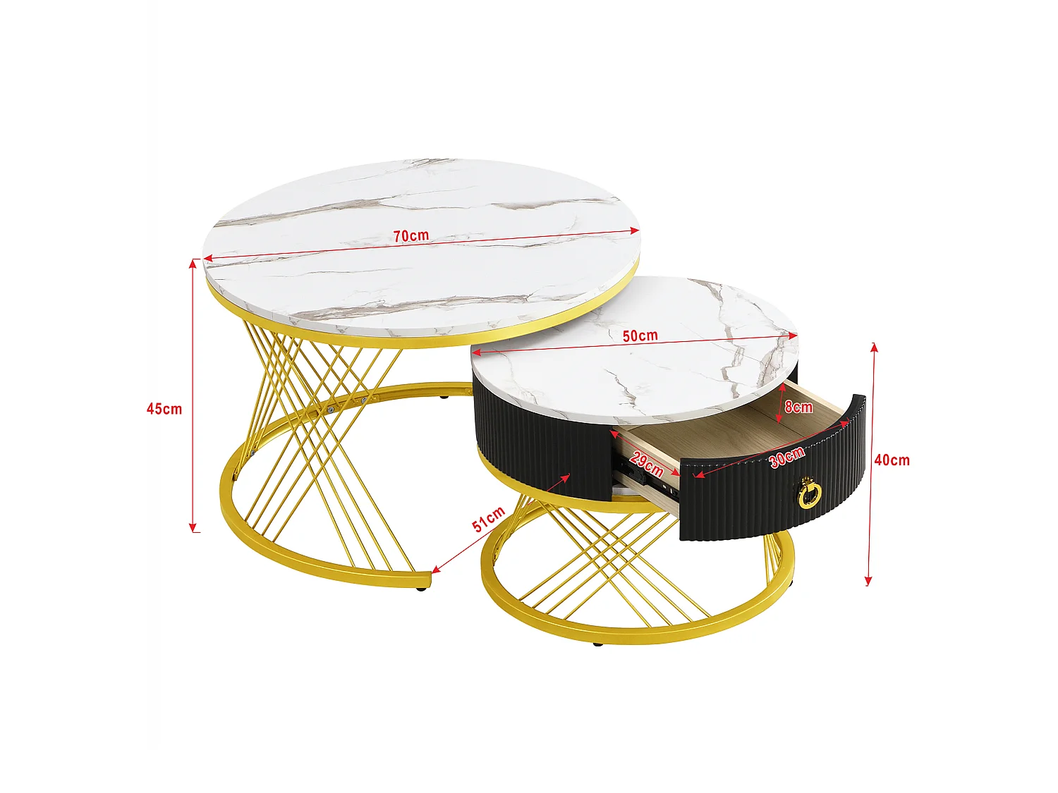 Stapeltafel 2-delig, marmerlook hoogglans, blad van glas, met lades