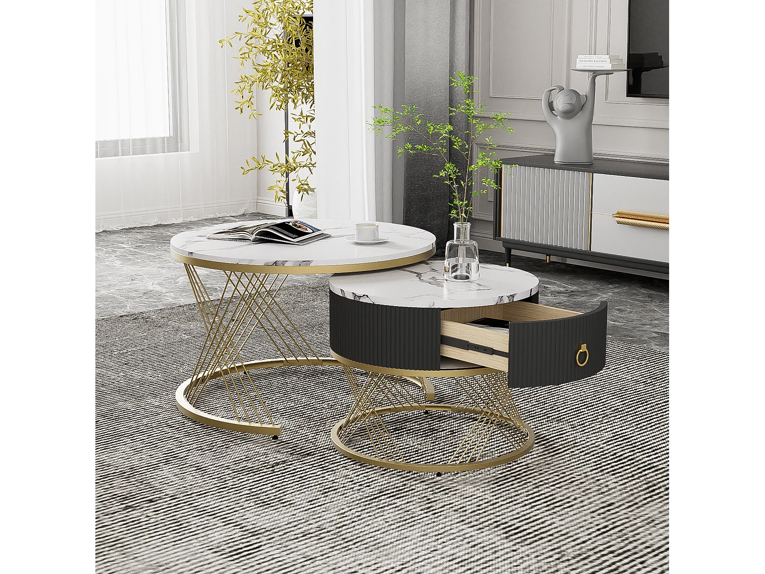 Table basse élégante 2 pièces, effet marbre, décor doré, avec tiroirs